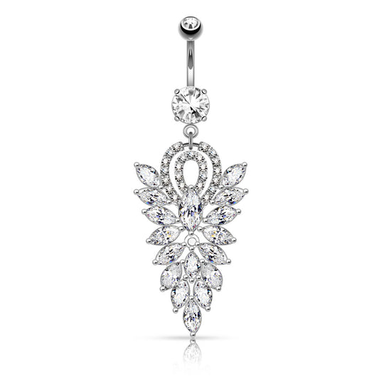 CZ Crystal Cluster Fancy Chandelier Dangling Belly Button Ring - 316L Stainless Steel