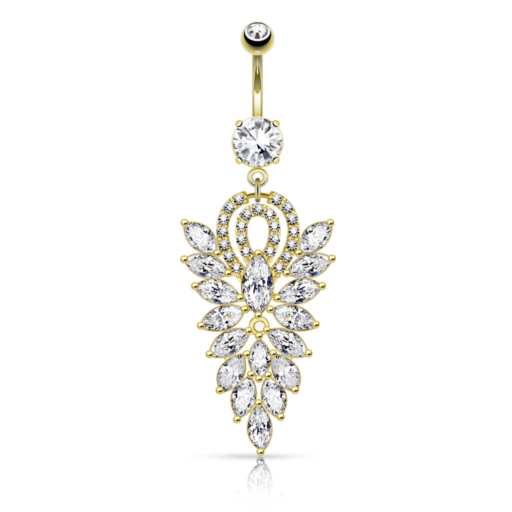 CZ Crystal Cluster Fancy Chandelier Dangling Belly Button Ring - 316L Stainless Steel