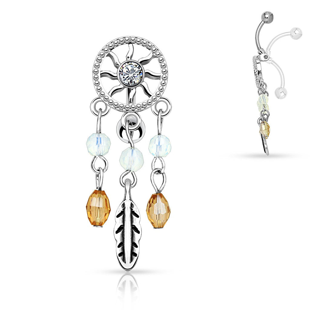 Center CZ Crystal Dream Catcher Dangling Reverse Belly Button Ring - 316L Stainless Steel