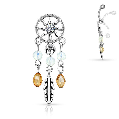 Center CZ Crystal Dream Catcher Dangling Reverse Belly Button Ring - 316L Stainless Steel