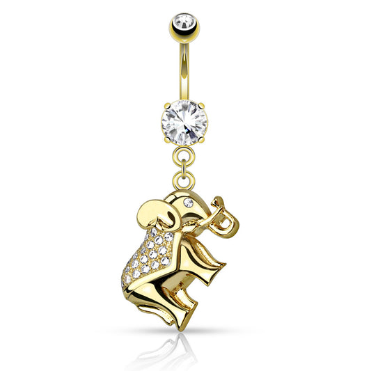 CZ Crystal Paved Elephant Dangling Belly Button Ring
 - Stainless Steel