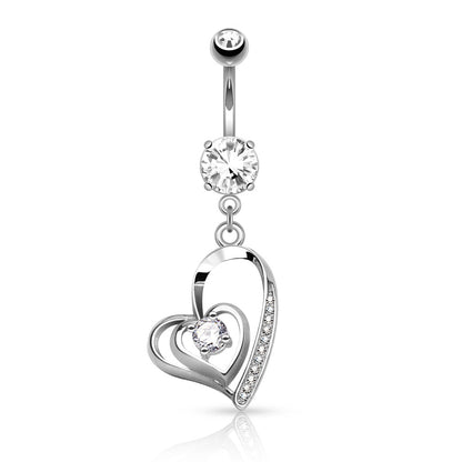 CZ Crystal Center Double Heart Dangling Belly Button Ring - 316L Stainless Steel