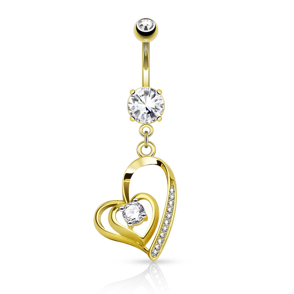 CZ Crystal Center Double Heart Dangling Belly Button Ring - 316L Stainless Steel