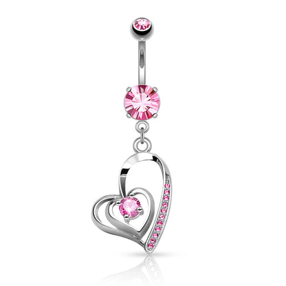 CZ Crystal Center Double Heart Dangling Belly Button Ring - 316L Stainless Steel