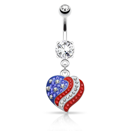 Crystal Paved American Flag USA Heart Dangling Belly Button Ring - Stainless Steel
