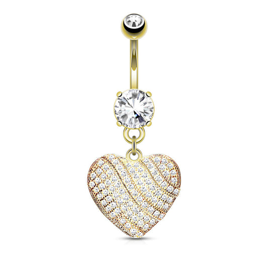 Micro Crystal Paved Heart Dangling Belly Button Ring - 316L Stainless Steel