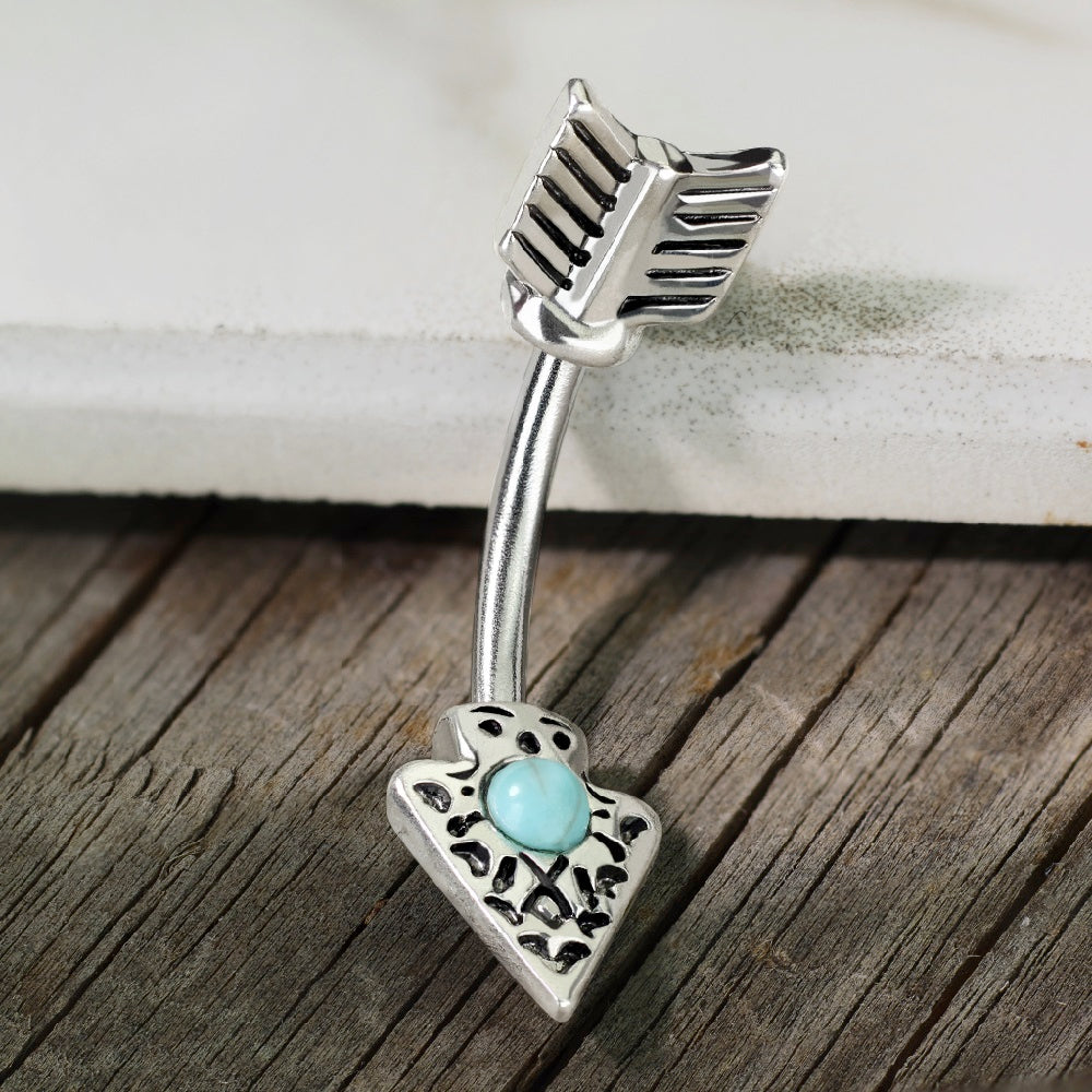 Turquoise Tribal Arrow In and Out Belly Button Ring - 316L Stainless Steel