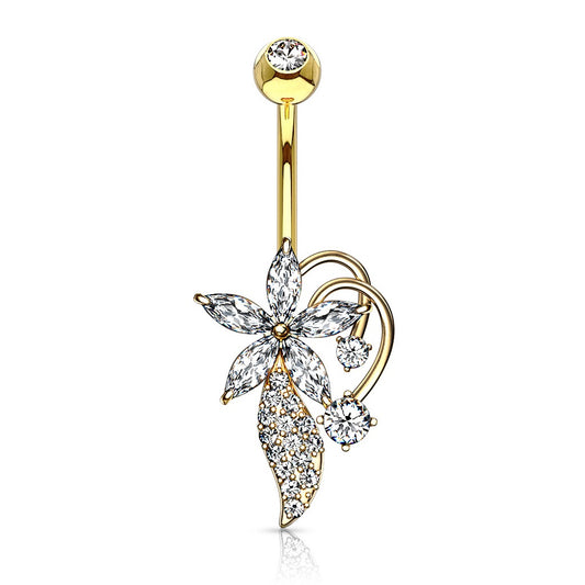 Five Marquise CZ Flower Cluster Stem Bouquet Belly Button Ring
 - 316L Stainless Steel