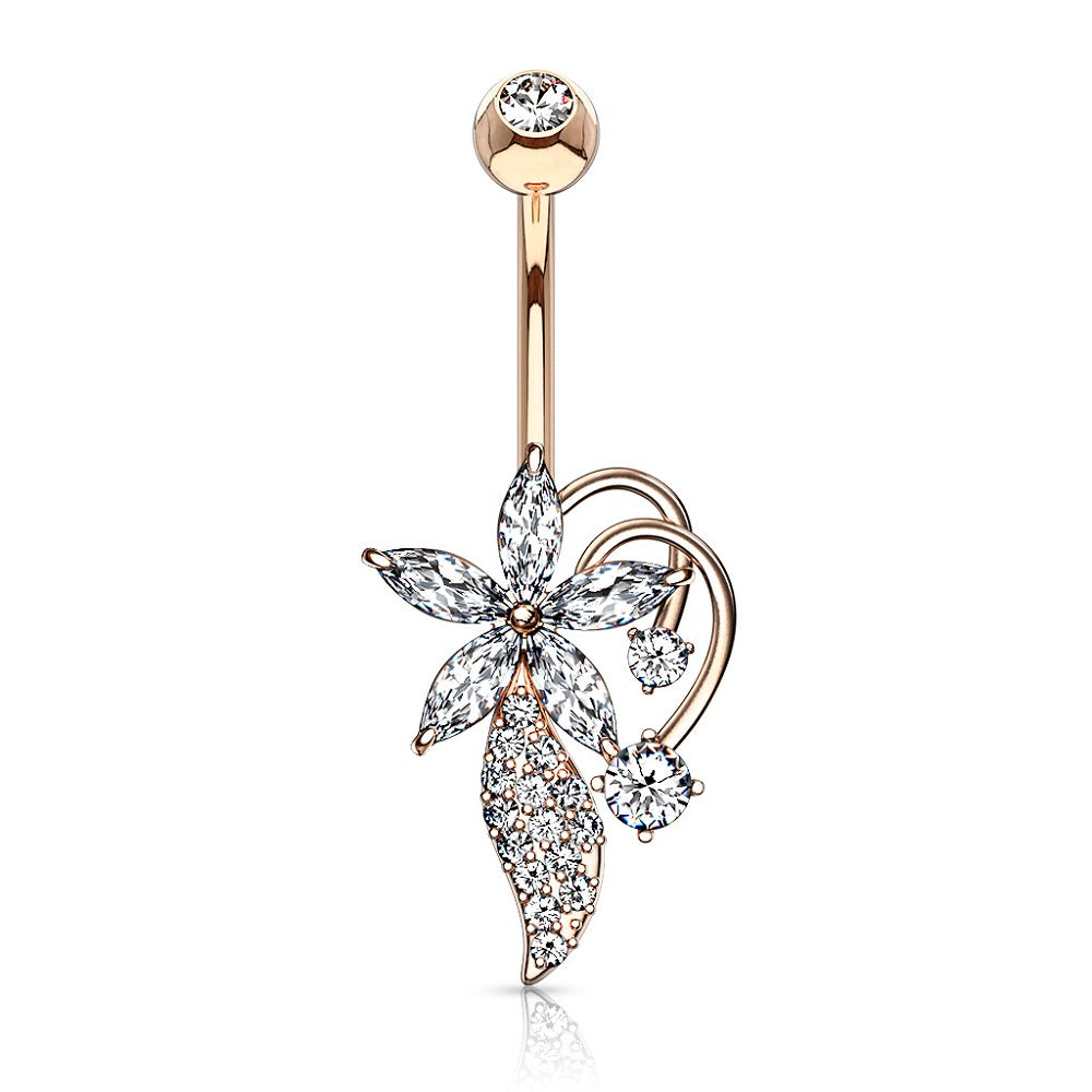 Five Marquise CZ Flower Cluster Stem Bouquet Belly Button Ring
 - 316L Stainless Steel