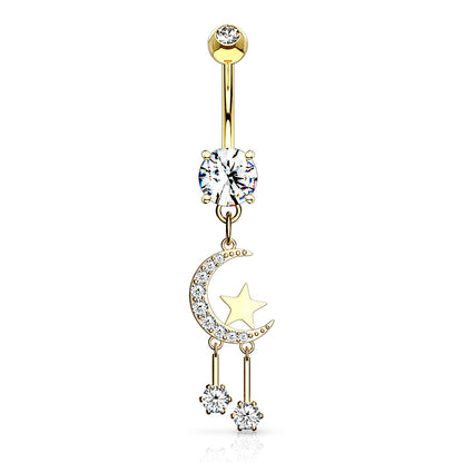 Crystal Paved Crescent Moon and Stars Dangling Belly Button Ring - 316L Stainless Steel