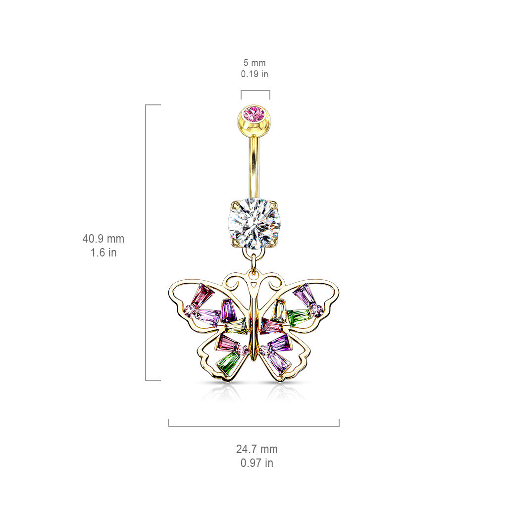 Multi Colored CZ Crystal Butterfly Dangling Belly Button Ring - 316L Stainless Steel