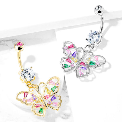 Multi Colored CZ Crystal Butterfly Dangling Belly Button Ring - 316L Stainless Steel