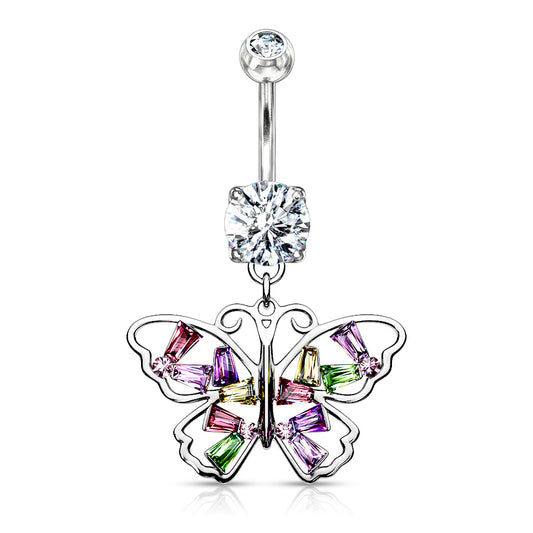 Multi Colored CZ Crystal Butterfly Dangling Belly Button Ring - 316L Stainless Steel