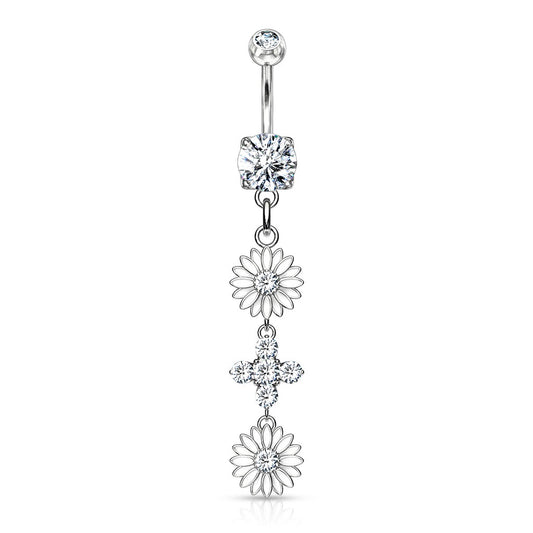 CZ Crystal Double Sunflower Dangling Belly Button Ring - 316L Stainless Steel