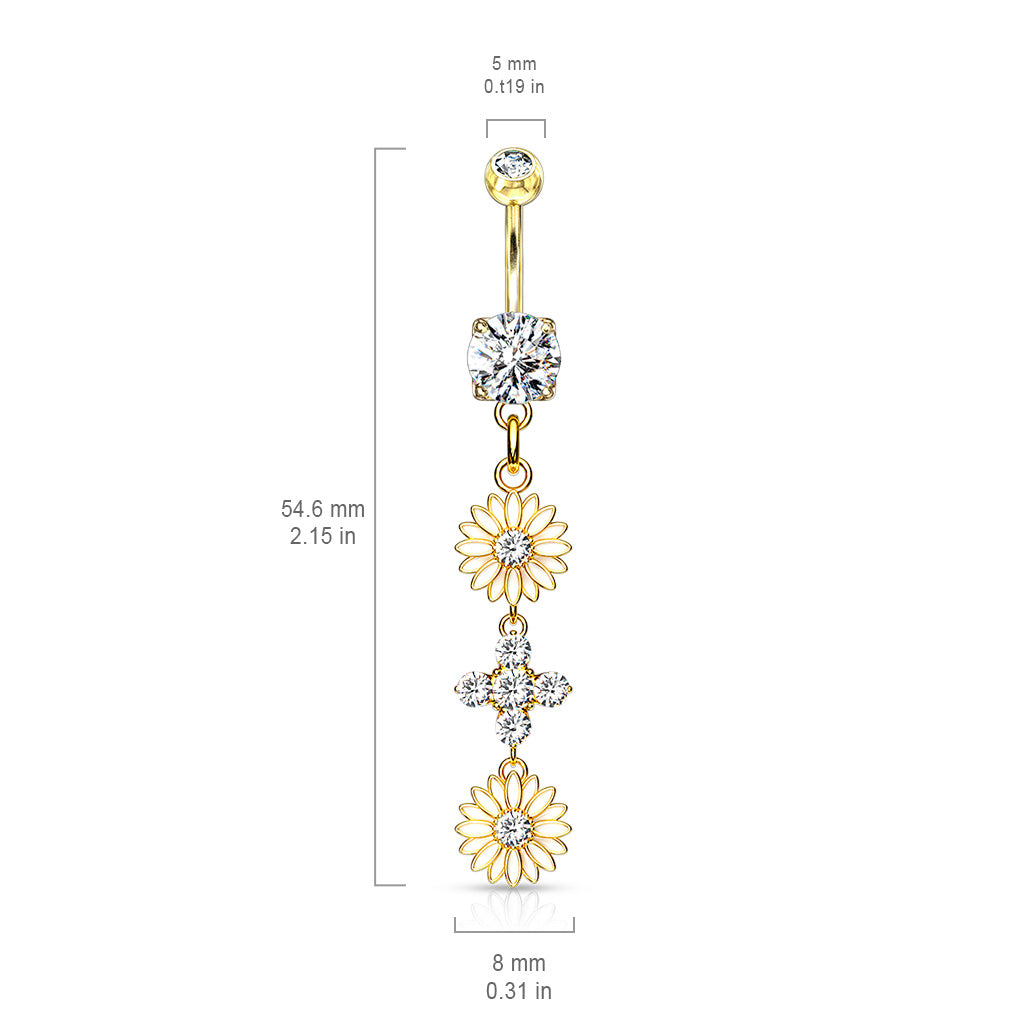 CZ Crystal Double Sunflower Dangling Belly Button Ring - 316L Stainless Steel