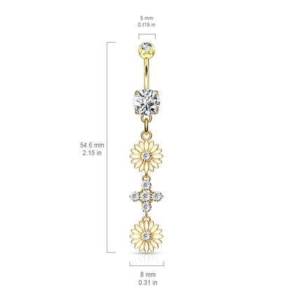 CZ Crystal Double Sunflower Dangling Belly Button Ring - 316L Stainless Steel