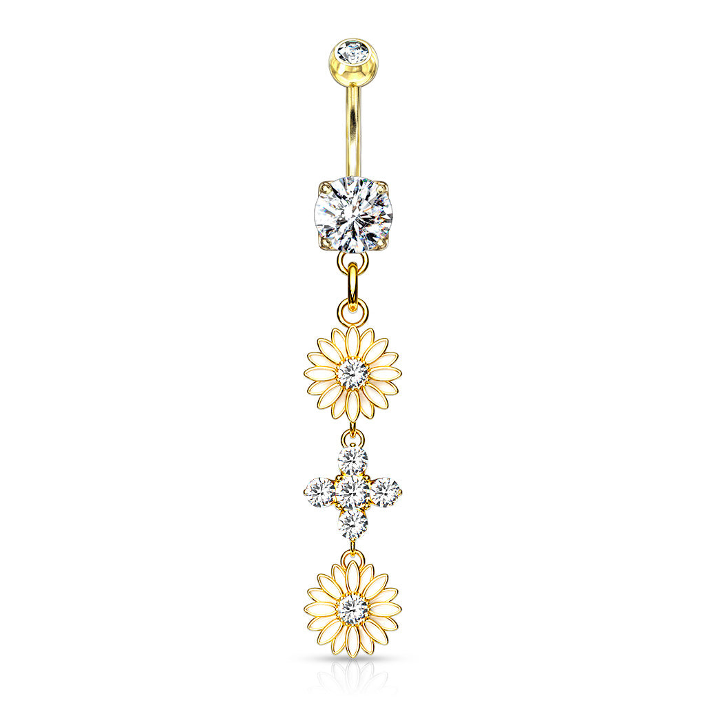 CZ Crystal Double Sunflower Dangling Belly Button Ring - 316L Stainless Steel