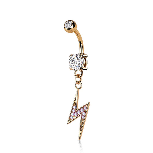 Dangling Lightning Bolt Paved with AB CZ on Double Jeweled Belly Button Ring - 316L Stainless Steel