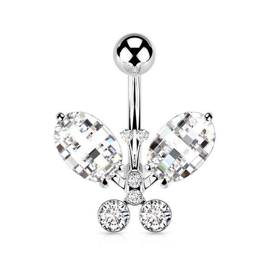 Clear Faceted Elegant Crystal Butterfly Belly Button Ring - 316L Stainless Steel