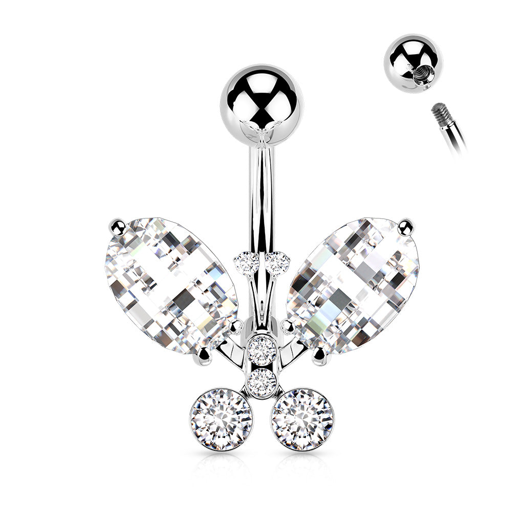 Clear Faceted Elegant Crystal Butterfly Belly Button Ring - 316L Stainless Steel