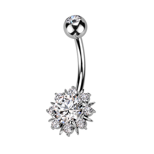 Round CZ Crystal Sunburst Belly Button Ring - 316L Stainless Steel