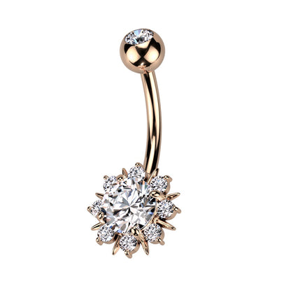 Round CZ Crystal Sunburst Belly Button Ring - 316L Stainless Steel
