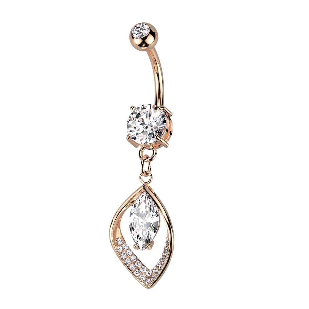 Hollow CZ Crystal Paved Leaf with Marquise Center Dangling Belly Button Ring - 316L Stainless Steel