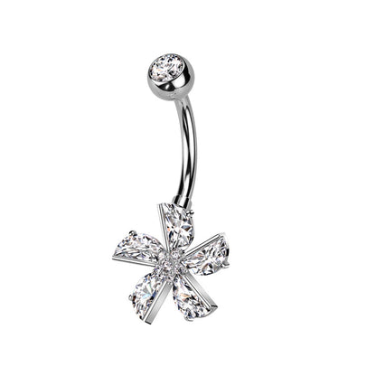 CZ Crystal Flower with CZ Pave Center Belly Button Ring - 316L Stainless Steel