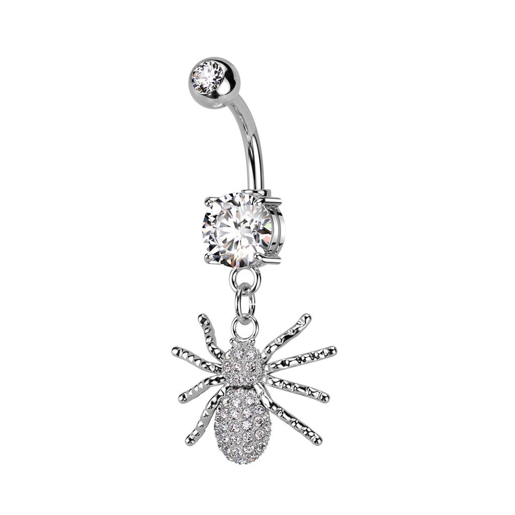 CZ Crystal Paved Spider Dangling Belly Button Ring - 316L Stainless St ...