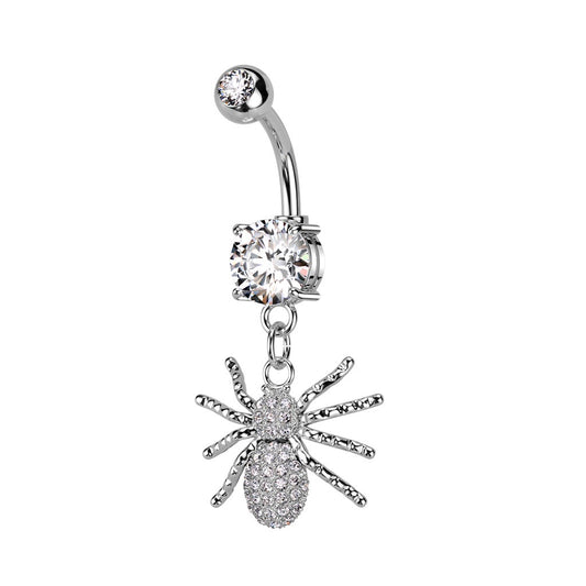CZ Crystal Paved Spider Dangling Belly Button Ring - 316L Stainless Steel