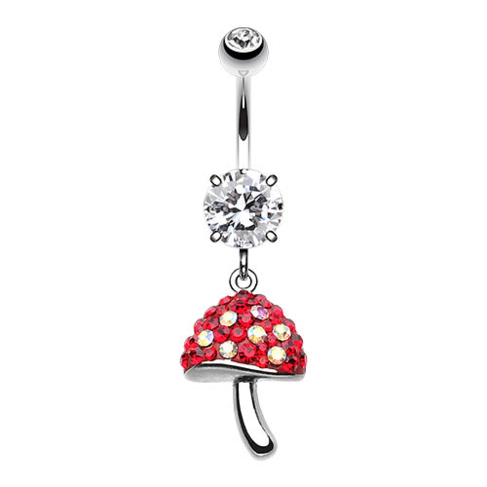 CZ Crystal Sparkling Red Mushroom Dangling Belly Button Ring - Stainless Steel