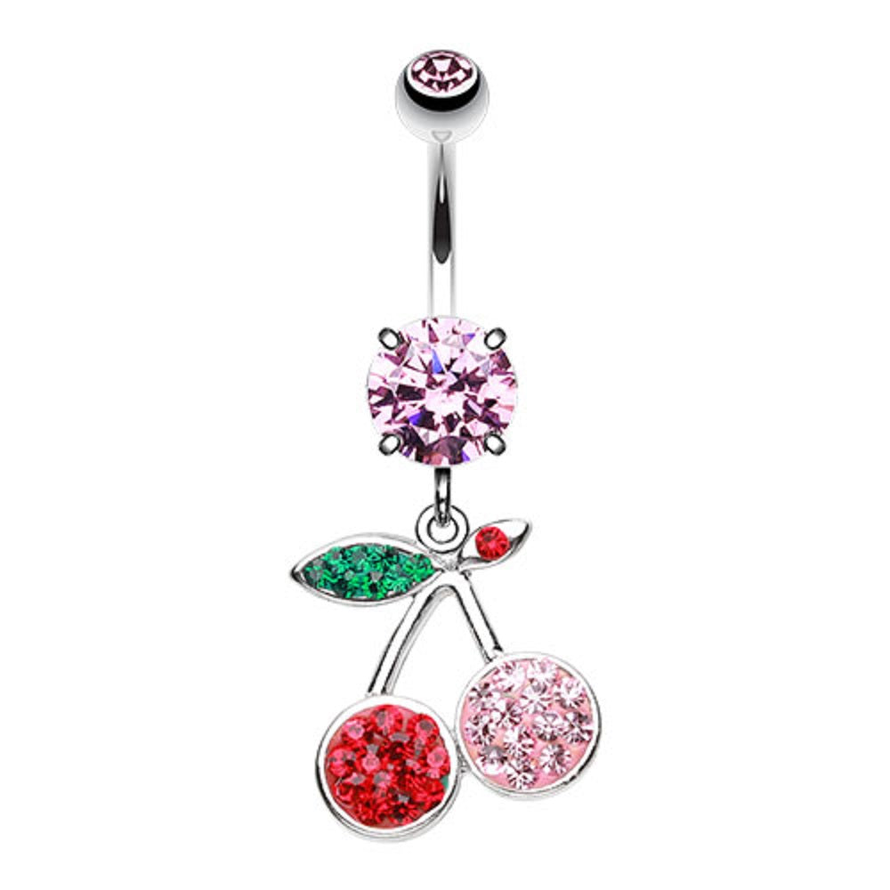 CZ Crystal Pink and Red Dangling Cherry Belly Button Ring - Stainless Steel