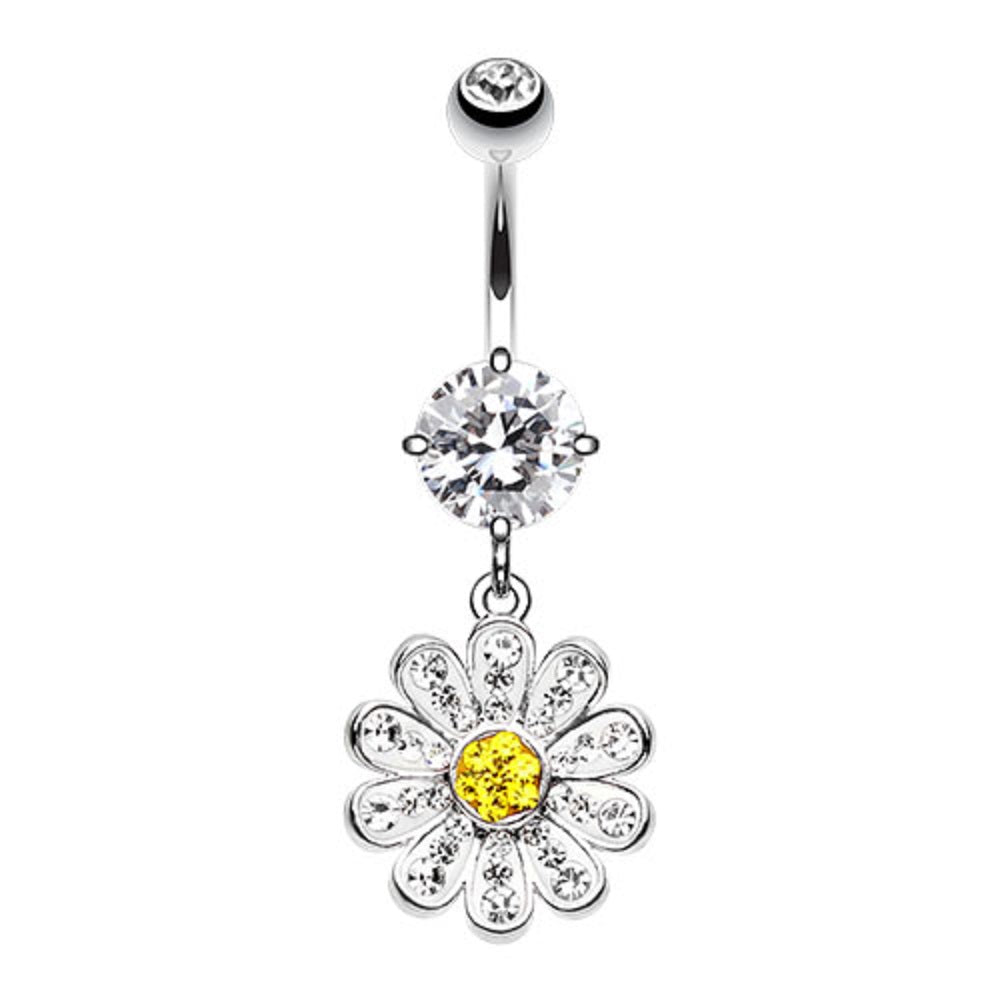 CZ Crystal Sparkling Daisy Dangling Belly Button Ring - Stainless Steel