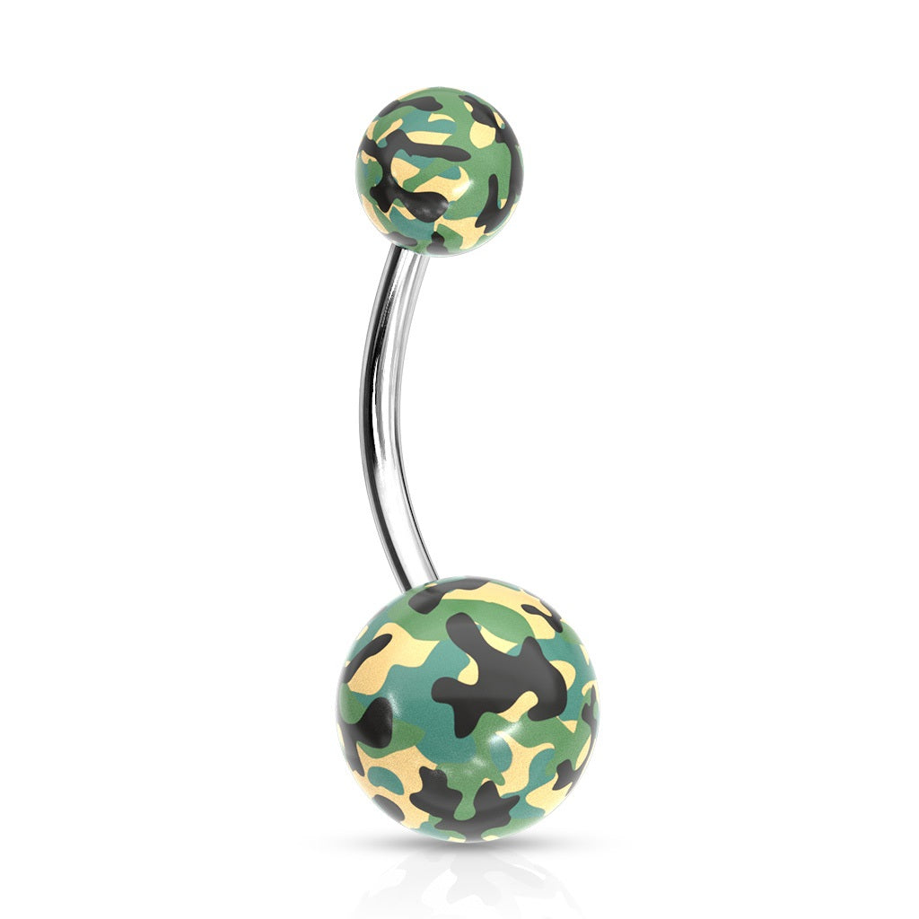 Acrylic Camouflage Printed Balls Belly Button Ring - 316L Stainless Steel