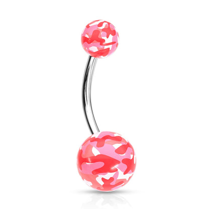 Acrylic Camouflage Printed Balls Belly Button Ring - 316L Stainless Steel