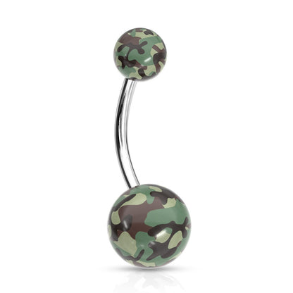 Acrylic Camouflage Printed Balls Belly Button Ring - 316L Stainless Steel