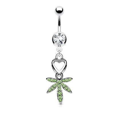 Heart and Crystal Paved Pot Leaf Dangling Belly Button Ring - Stainless Steel