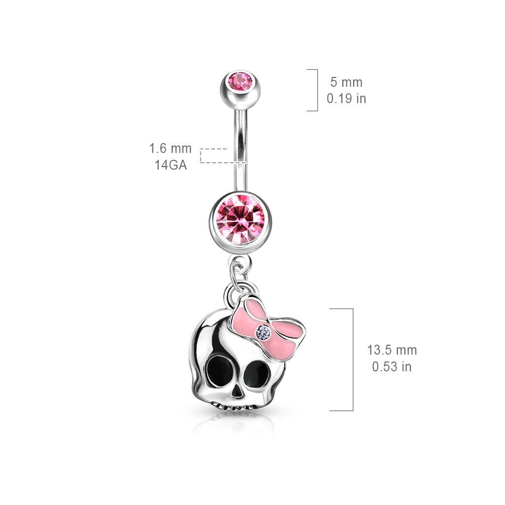 Cute Skull with Paved Gem and Epoxy Bow Navel Belly Ring - 316L Surgical Steel