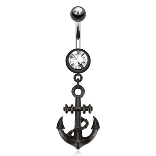 Black Anchor Nautical Dangling Belly Button Ring - Stainless Steel