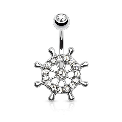 CZ Crystal Paved Nautical Ship Yacht Wheel Belly Button Ring - Stainless Steel