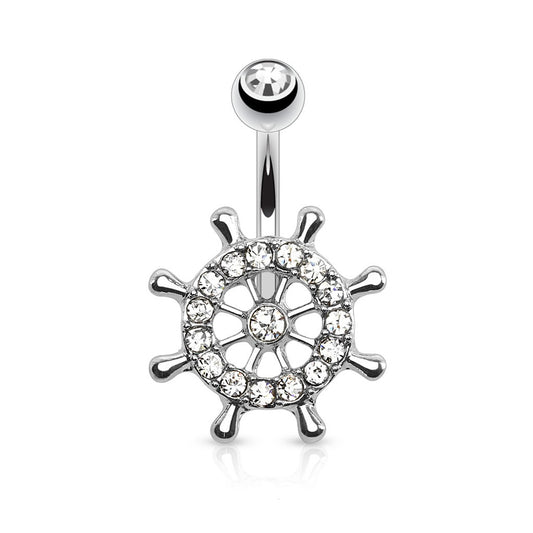 CZ Crystal Paved Nautical Ship Yacht Wheel Belly Button Ring - Stainless Steel