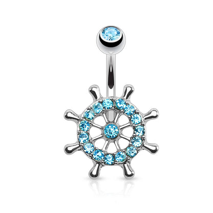 CZ Crystal Paved Nautical Ship Yacht Wheel Belly Button Ring - Stainless Steel