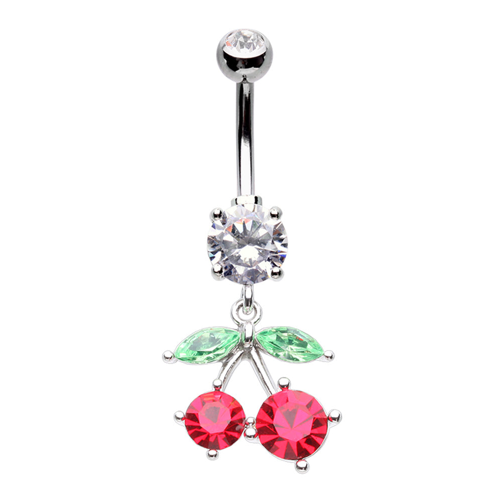 CZ Crystal Dangling Cherry Belly Button Ring - Stainless Steel