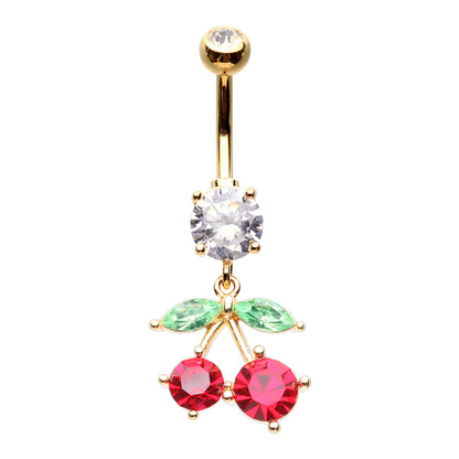 CZ Crystal Dangling Cherry Belly Button Ring - Stainless Steel