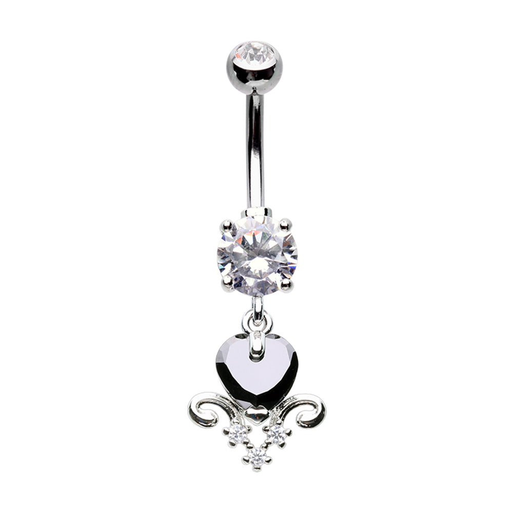 CZ Crystal Black Heart with Crystal Filigree Dangling Belly Button Ring - Stainless Steel