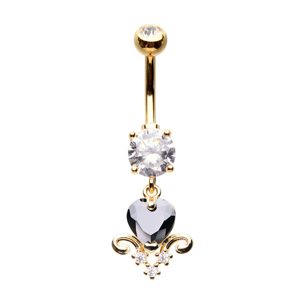 CZ Crystal Black Heart with Crystal Filigree Dangling Belly Button Ring - Stainless Steel