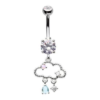 CZ Crystal Rain Cloud Dangling Belly Button Ring - Stainless Steel