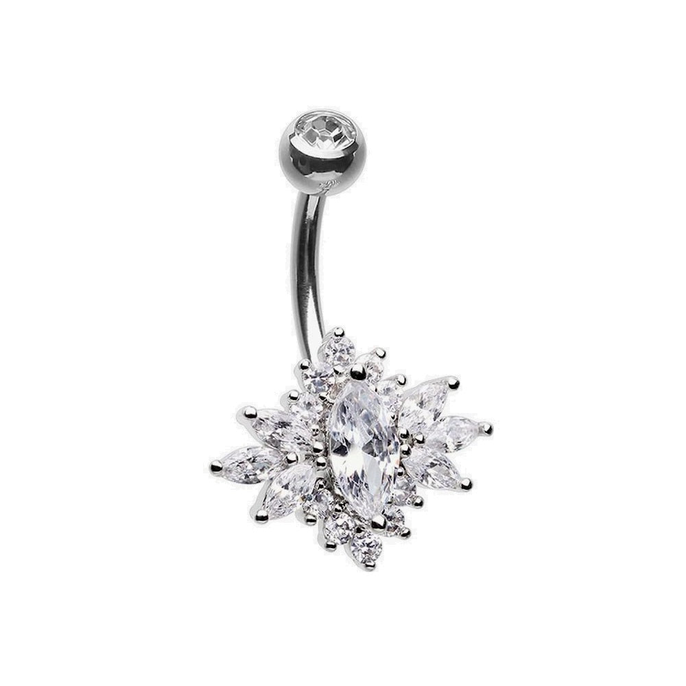 CZ Crystal Sunburst Belly Button Ring
 - Stainless Steel