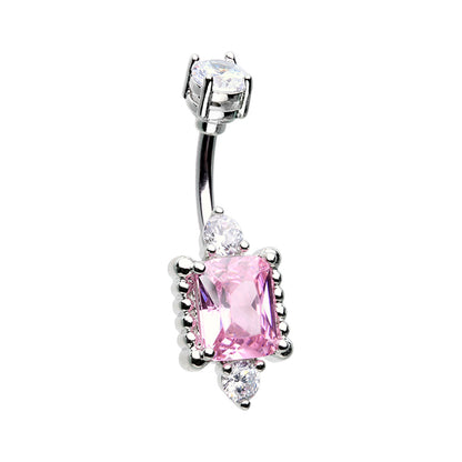 Pink CZ Crystal Princess Mirror Belly Button Ring - Stainless Steel