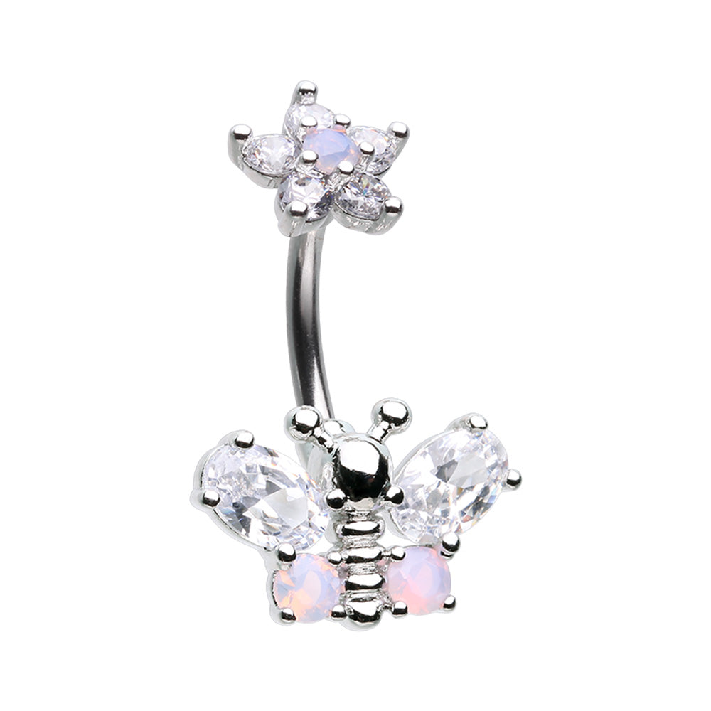 CZ Crystal Butterfly with Flower Top Belly Button Ring - Stainless Steel